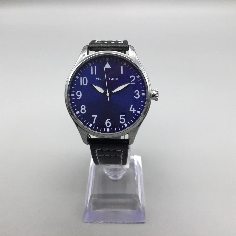 Vince Camuto Mens Watch 42mm Silver Tone Blue Dial Black Faux Leather 3ATM
